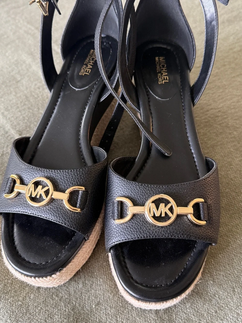 Michael Kors Black Leather Espadrille Wedge  Sandals with Gold MK Hardware